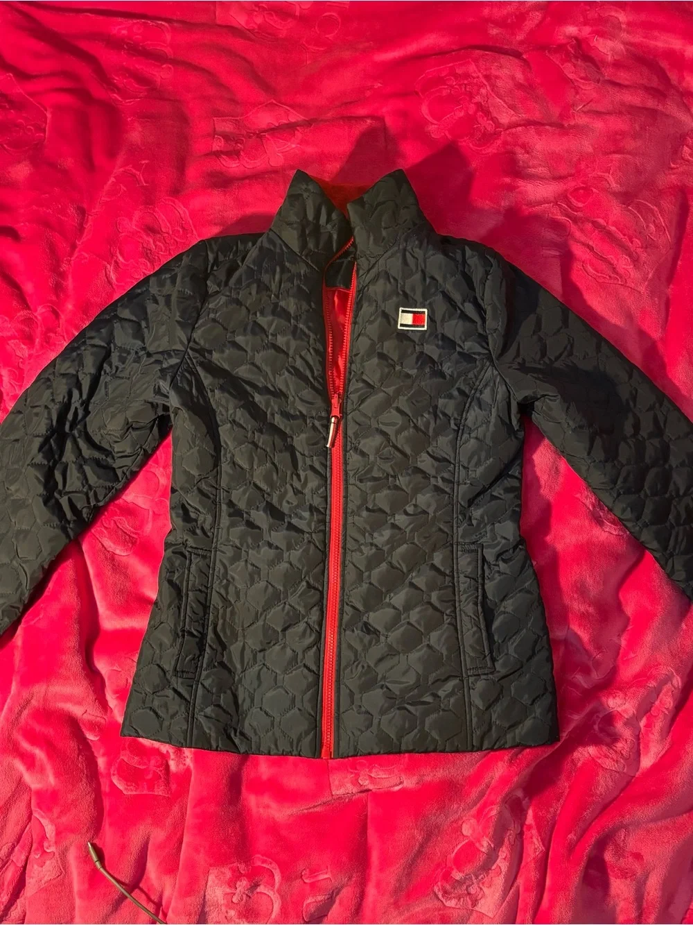 Tommy Hilfiger navy blue Quilted Jacket with Red Zip Accents